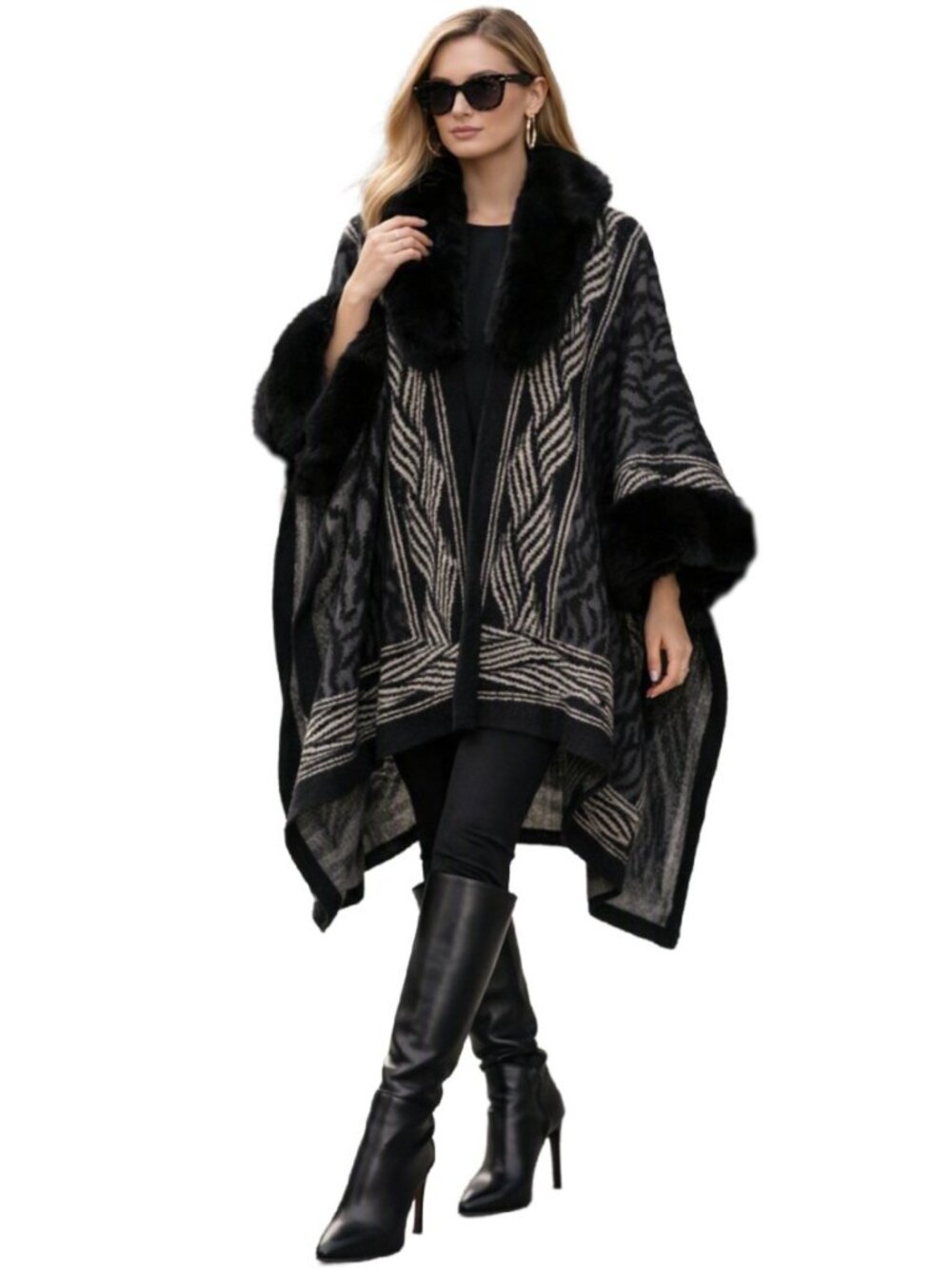 Cape Poncho Animal Stripe Jacquard Pattern Black Faux Fur Collar Cuffs Sz XL